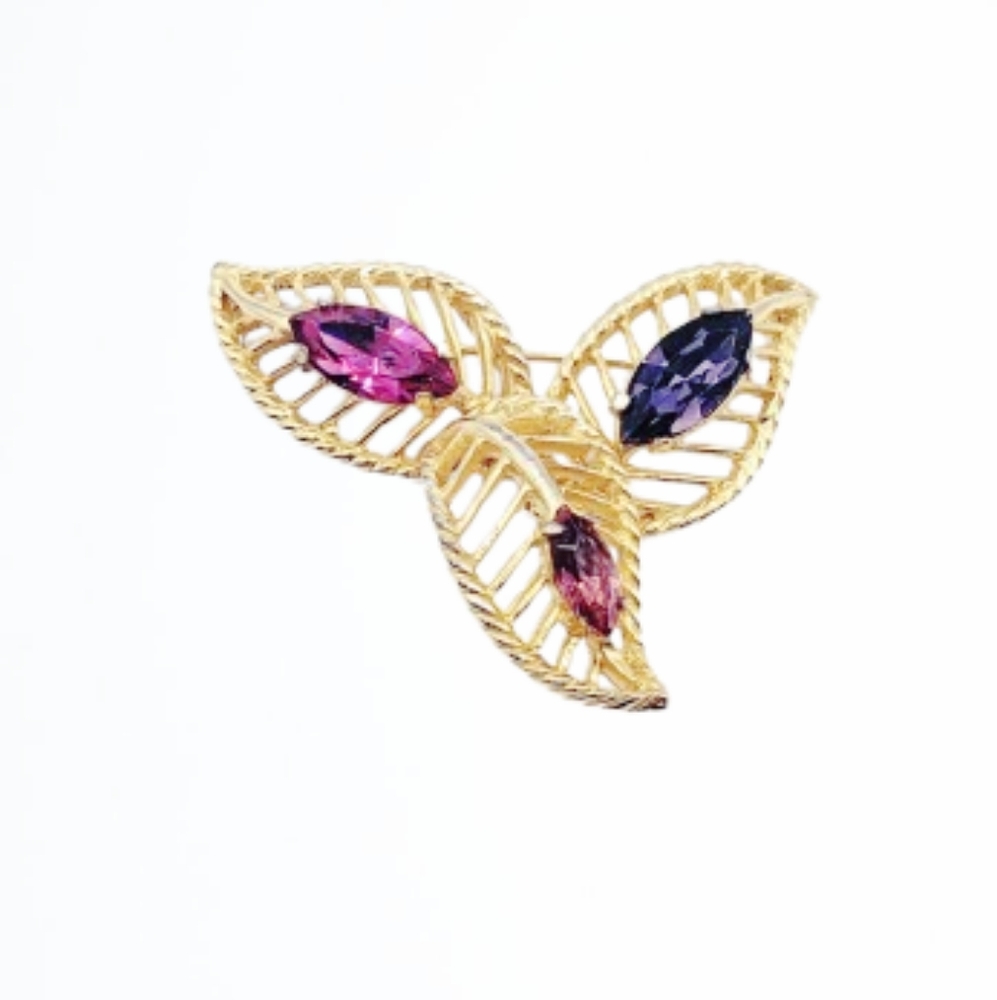 Elegant Castlecliff Gold and 3 Shades Of Pink & Purple Leaf Brooch